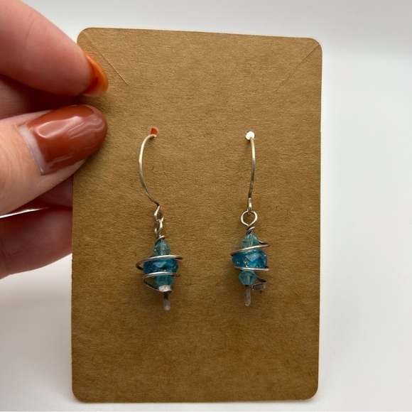 Boho Sterling Silver 925 Spiral Wrapped Blue Speckled Beaded Dangle Earrings - Picture 5 of 5